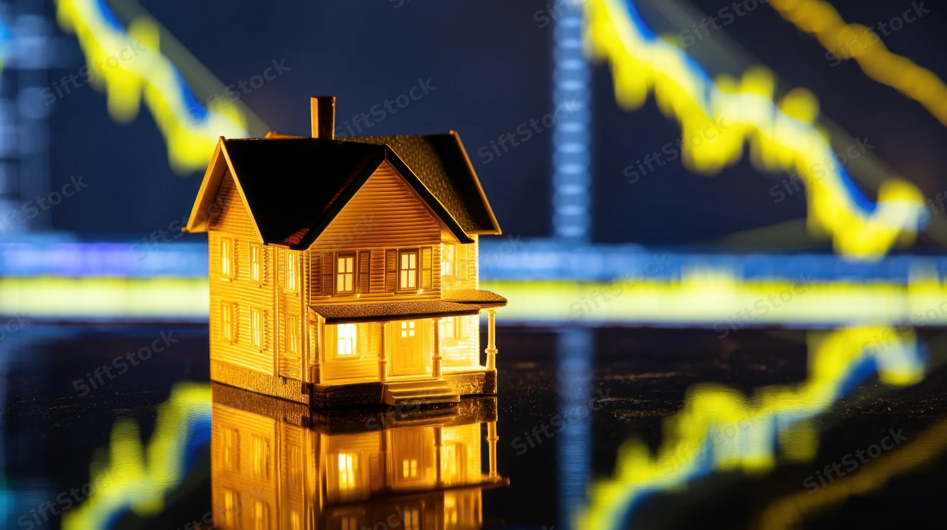 Miniature house with illuminated windows on reflective surface in front of blurred financial graph display