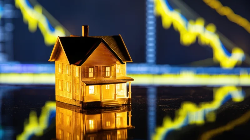 Miniature house with illuminated windows on reflective surface in front of blurred financial graph display