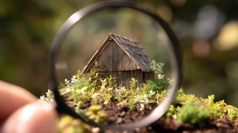 Hand holding magnifying glass over miniature wooden house in mossy garden