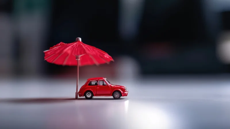 Red toy car under a small red umbrella on a smooth surface
