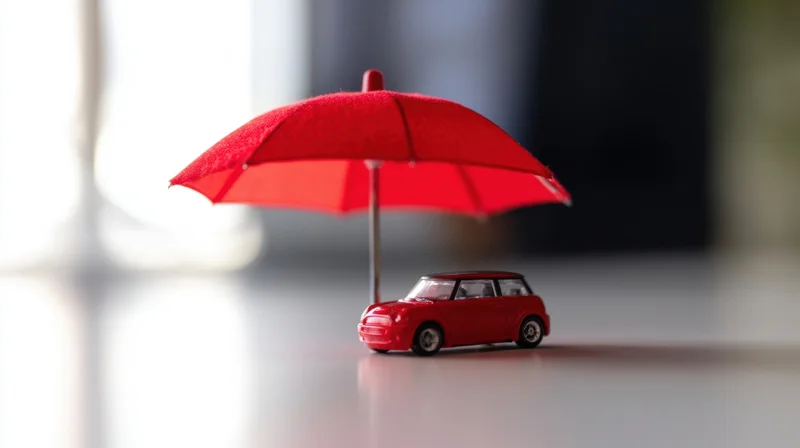 Red toy car under a red umbrella on a smooth surface