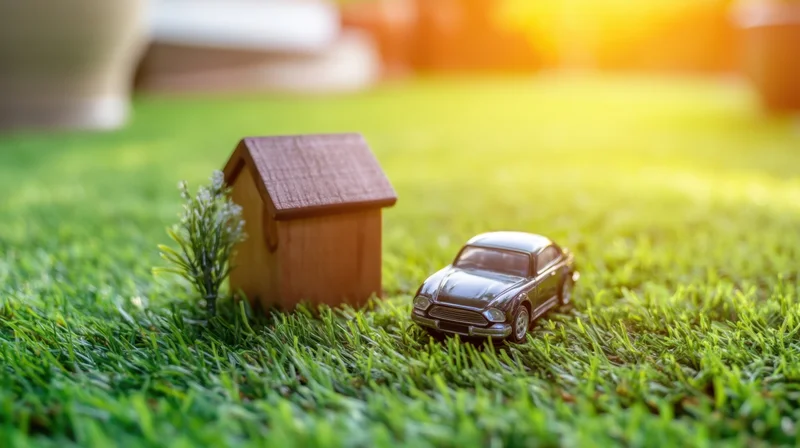 Miniature house and car on a grassy lawn in sunlight