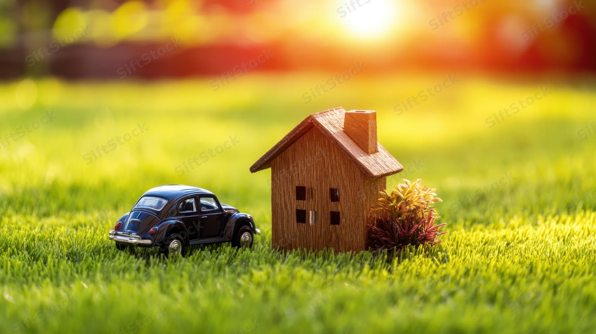 Miniature wooden house and black toy car on green grass in sunlight