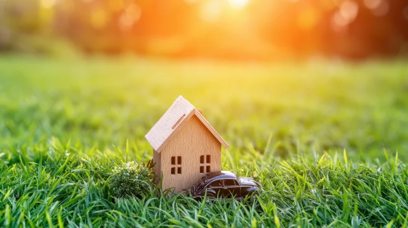 Miniature wooden house and toy car on green grass at sunset