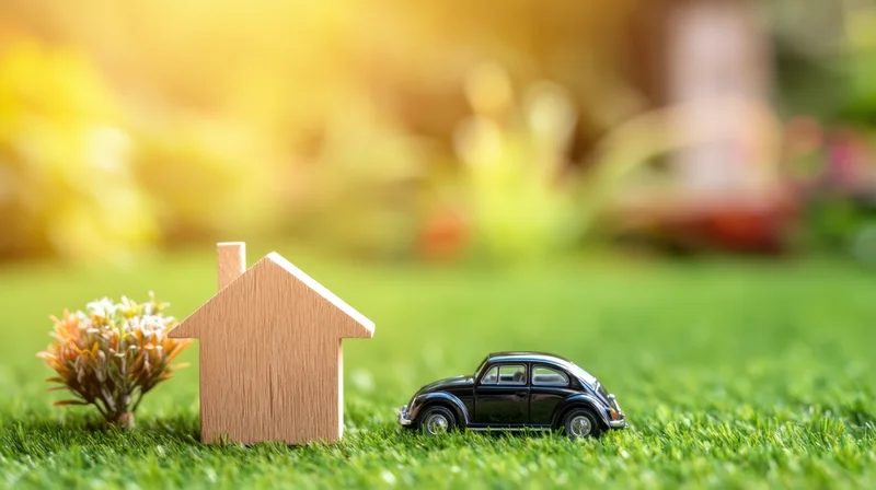 Wooden house and black vintage car model on green grass lawn
