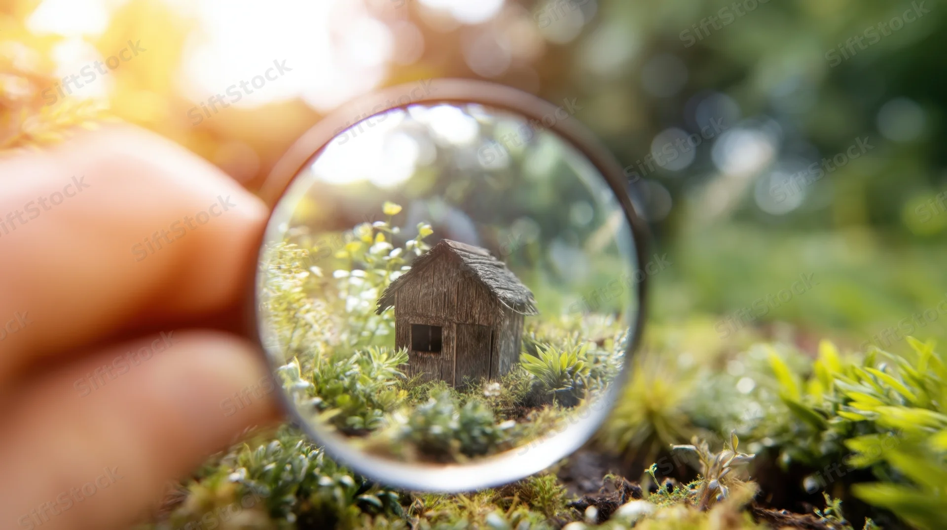 Hand holding magnifying glass over miniature wooden house in mossy garden