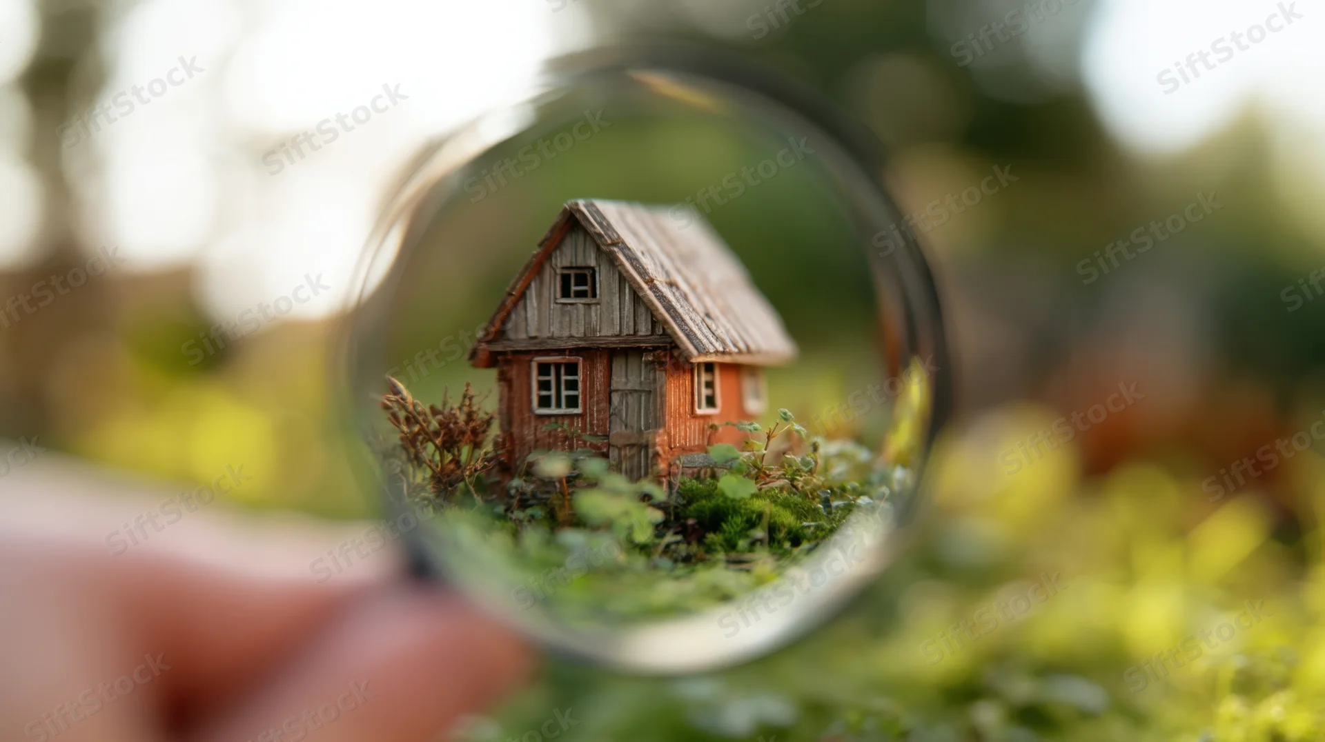Hand holding magnifying glass over miniature wooden house in garden setting