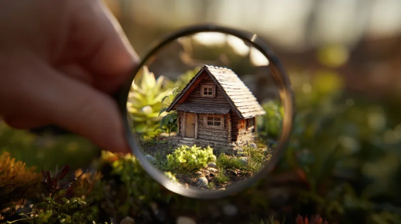 Hand holding magnifying glass over miniature wooden house in garden setting