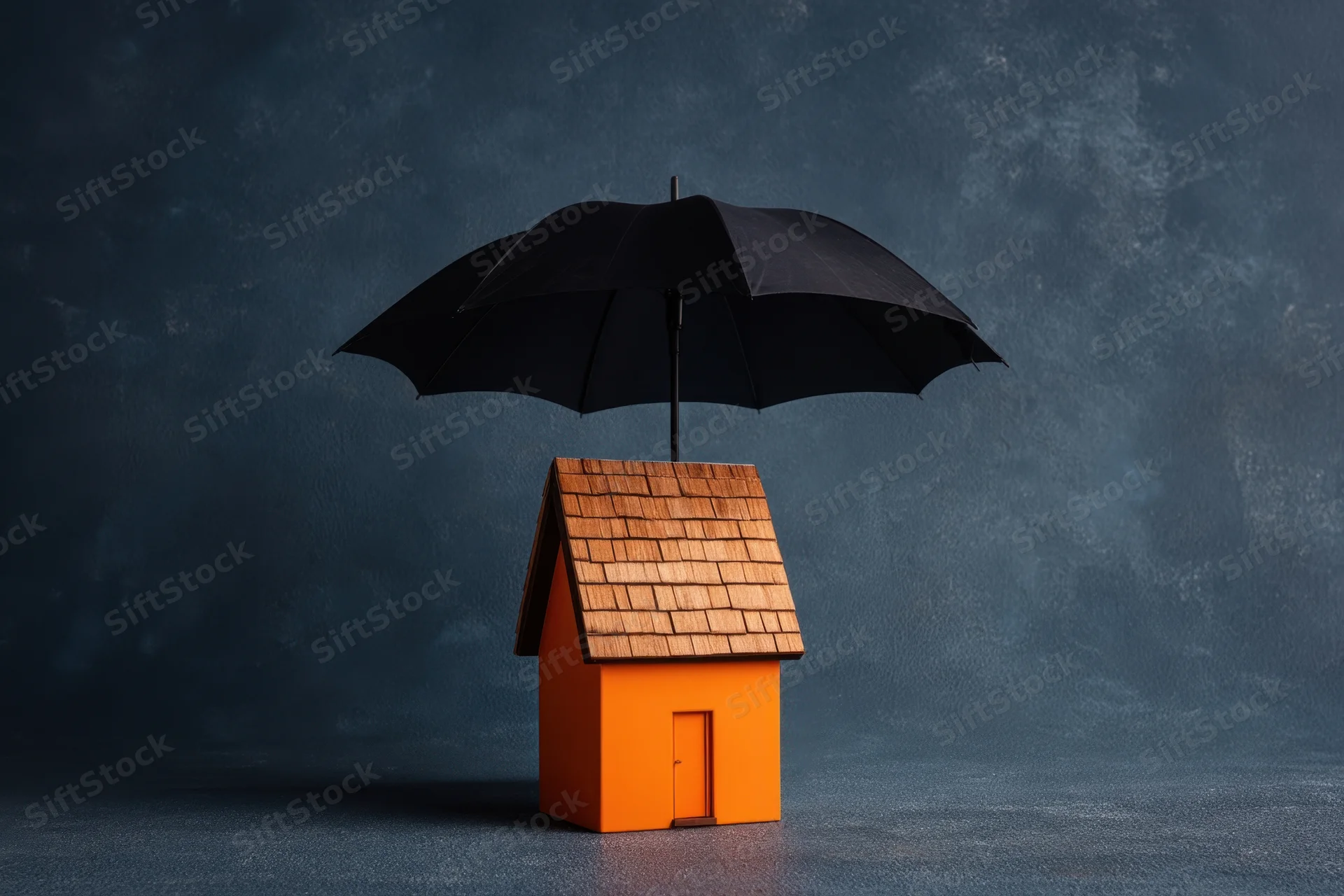Miniature orange house with tiled roof under black umbrella on dark textured background