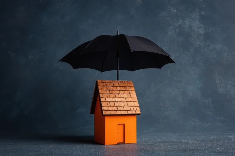 Miniature orange house with tiled roof under black umbrella on dark textured background