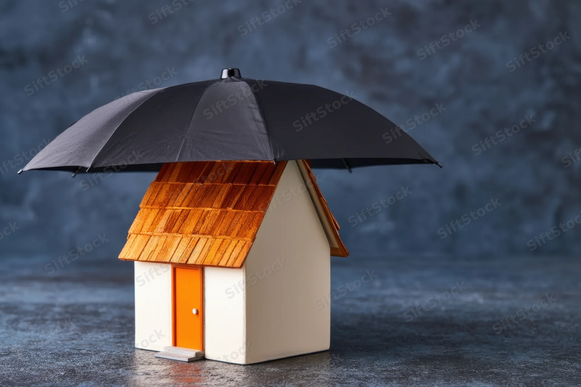 Miniature house under a black umbrella on a gray surface