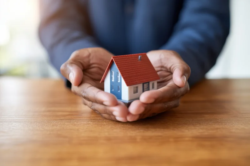 Man holding miniature house in hands on wooden desk