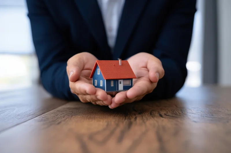 Businessman holding miniature house model on wooden desk