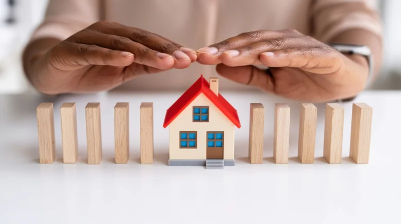 Hands shielding a miniature house from falling wooden blocks on a white surface