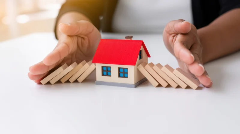 Hands shielding a miniature house from falling dominoes on a white surface
