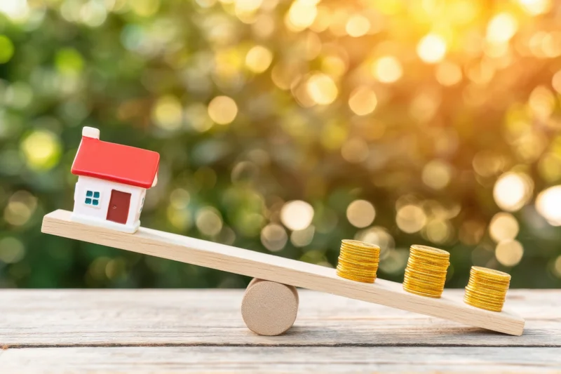 Miniature house and stacks of gold coins on a seesaw balance on a wooden table outdoors