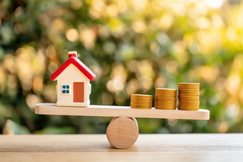 Miniature house and stacks of coins balanced on a wooden scale outdoors