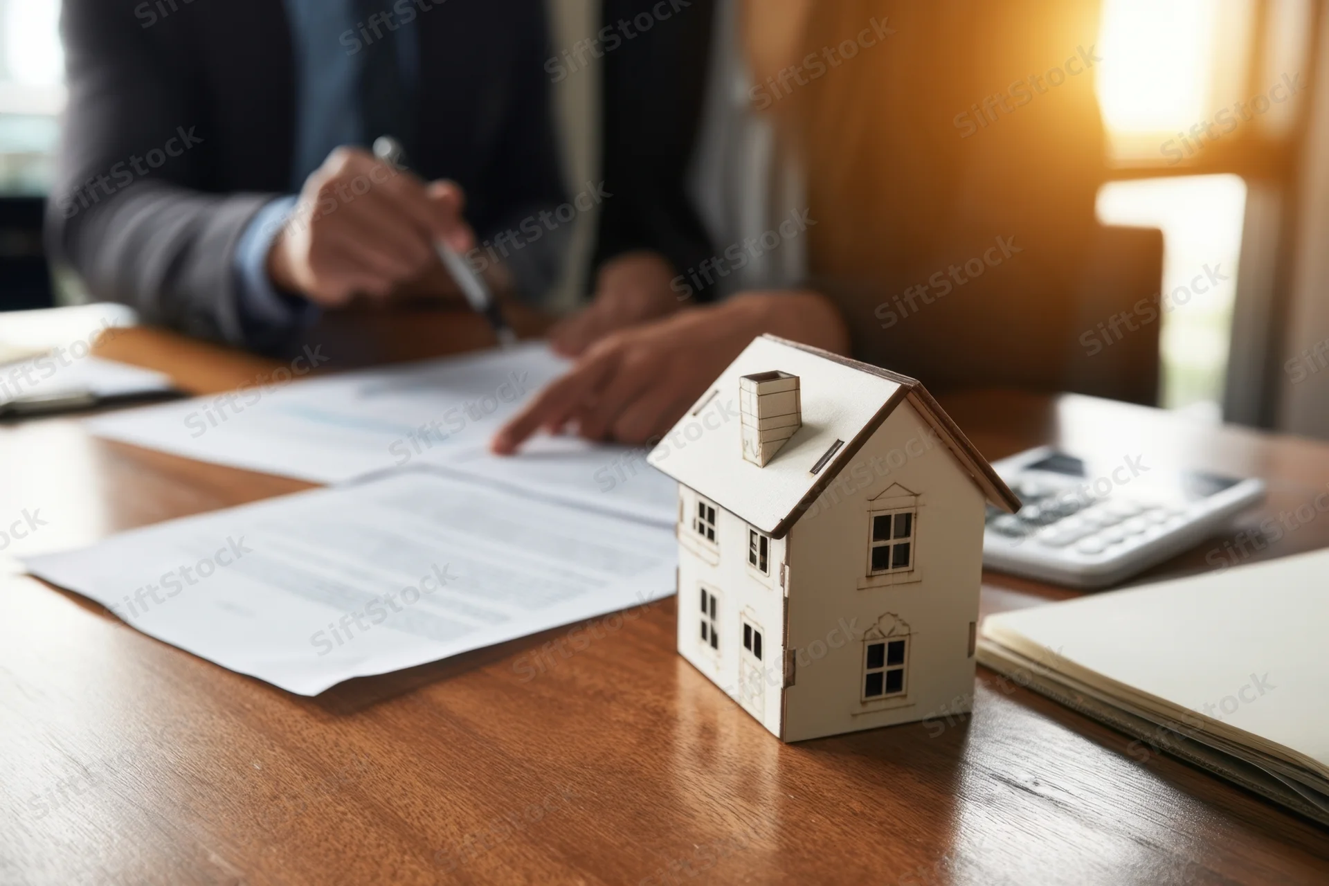 Miniature house model on desk beside documents as person signs contract with pen