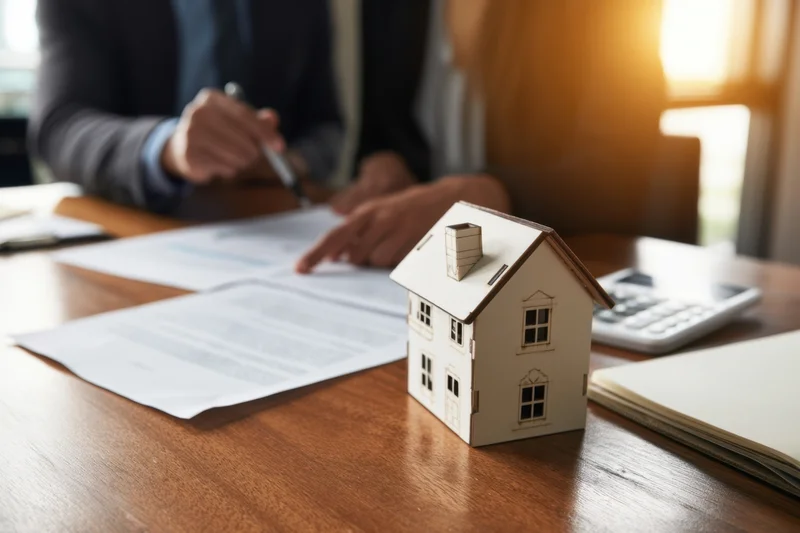 Miniature house model on desk beside documents as person signs contract with pen