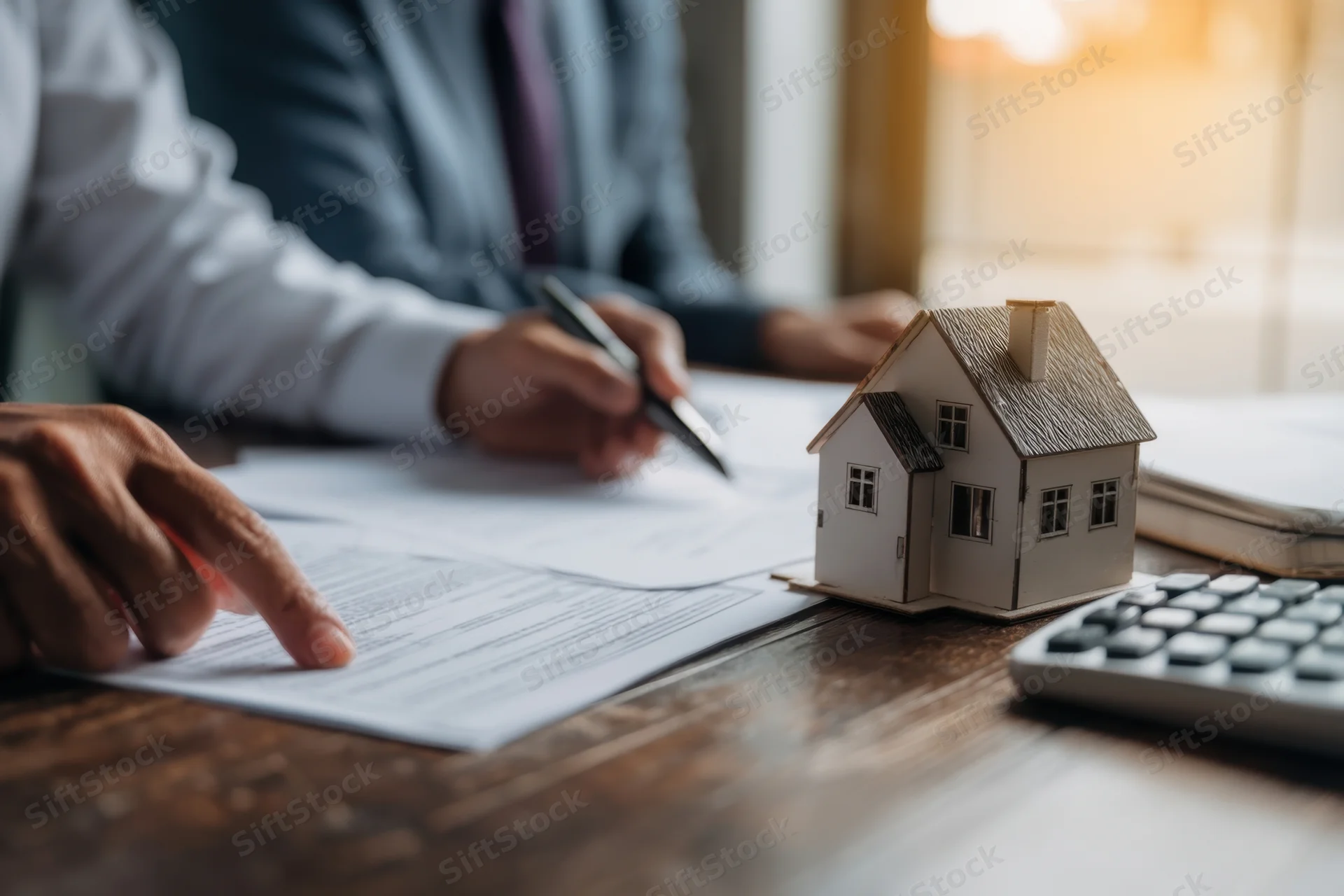 Real estate agent and client reviewing home purchase contract at desk with miniature house and calculator