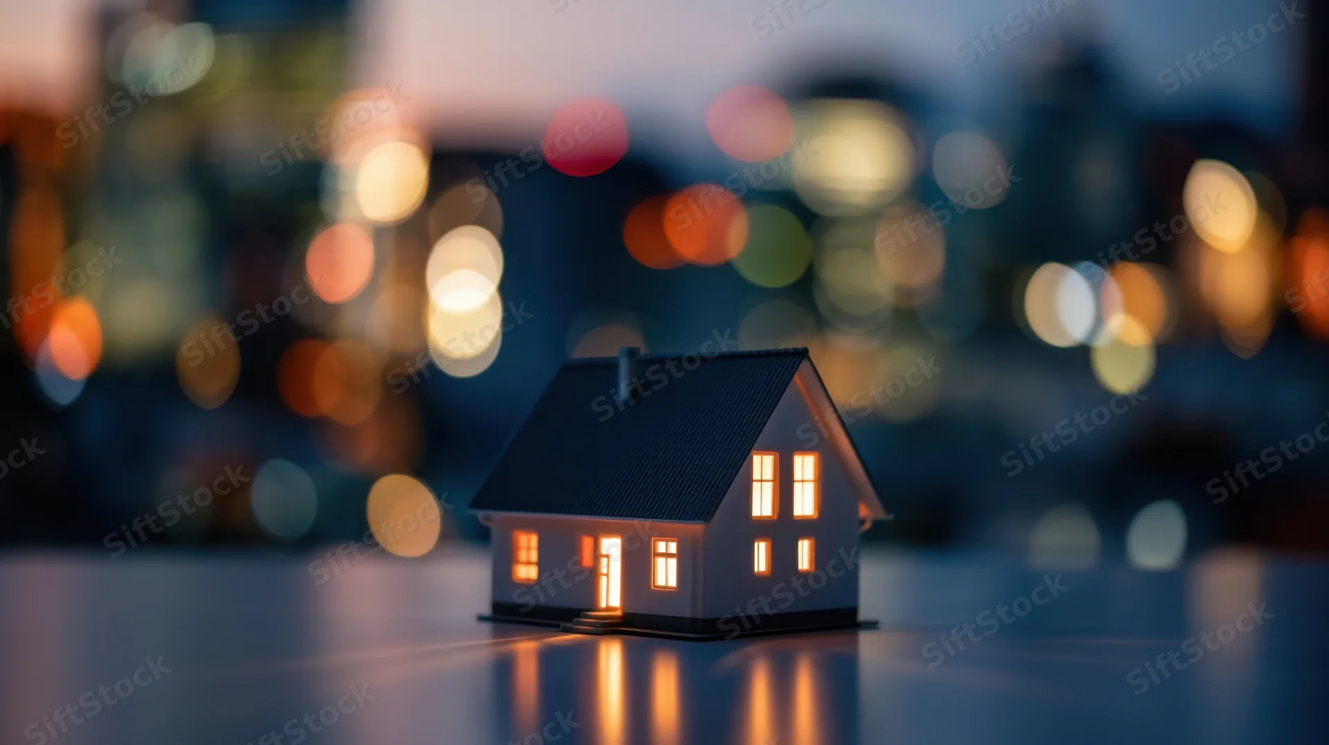 Miniature house with glowing windows on a reflective surface against a blurred city night skyline