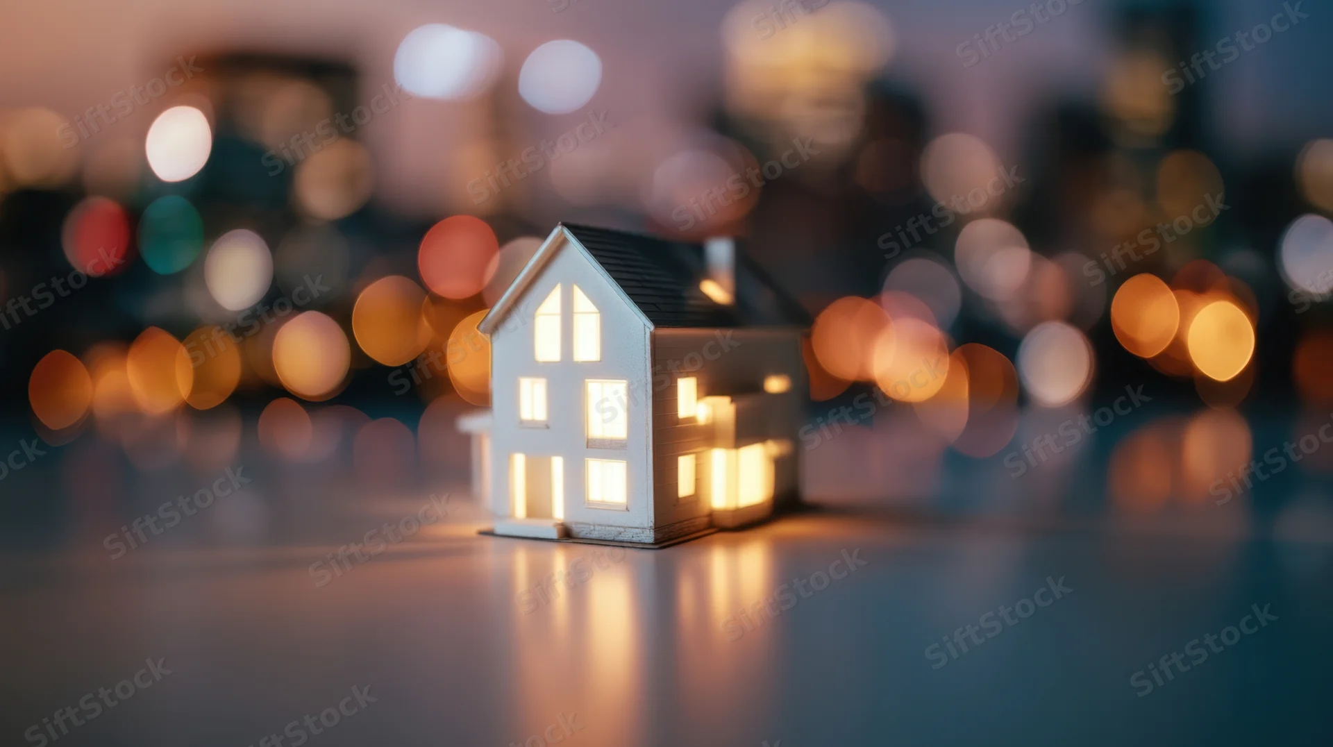 Miniature house model with illuminated windows on a reflective surface against a blurred city night background