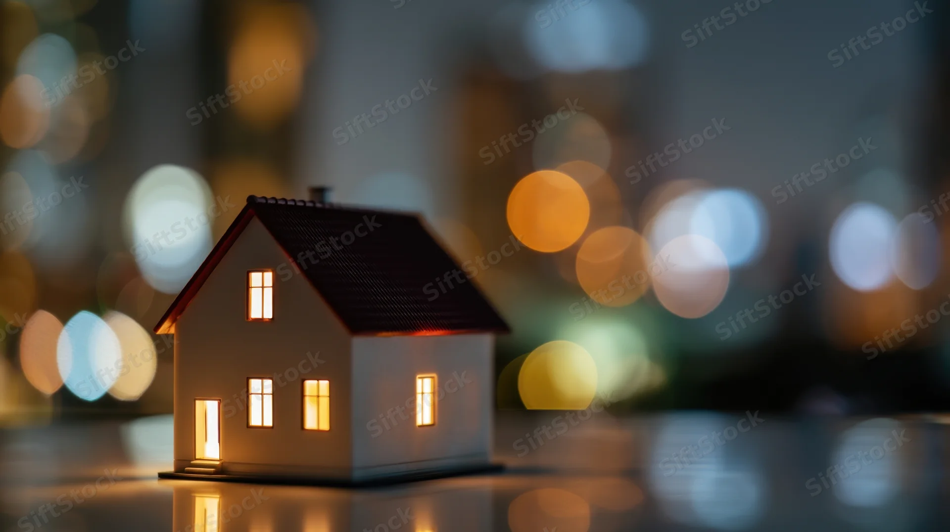 Miniature house with illuminated windows on reflective surface against city bokeh background