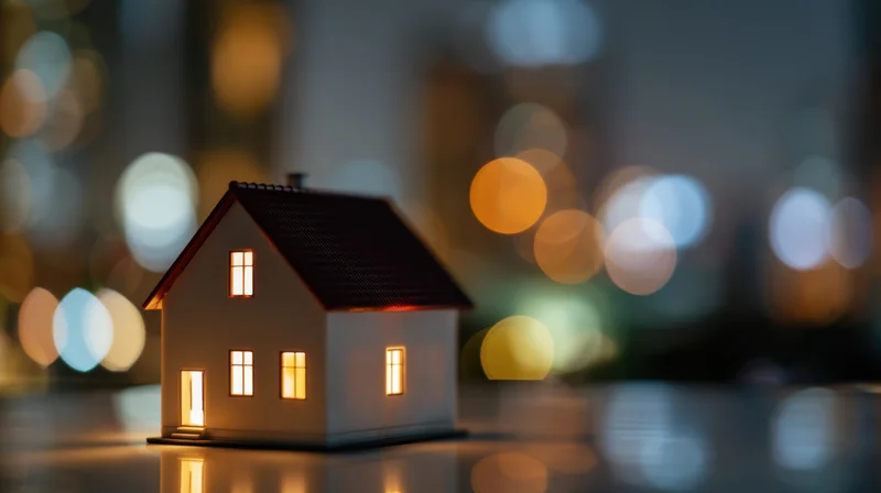 Miniature house with illuminated windows on reflective surface against city bokeh background
