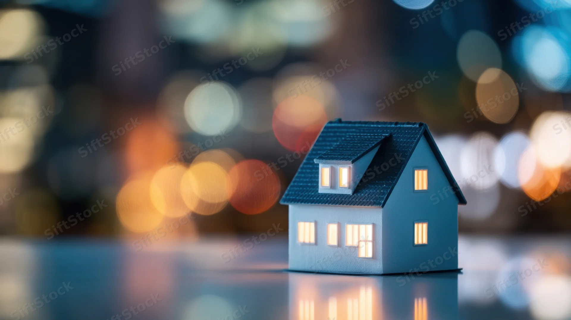 Miniature house with glowing windows on reflective surface against blurred city lights at night