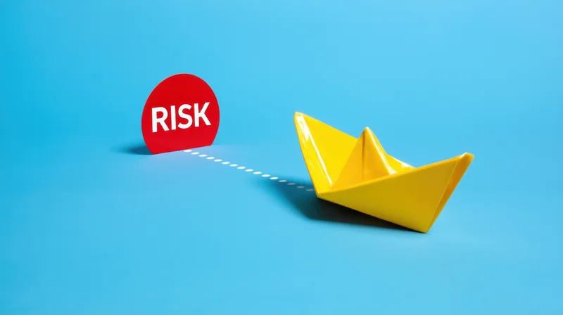 Yellow paper boat on blue surface connected by dotted line to red risk sign