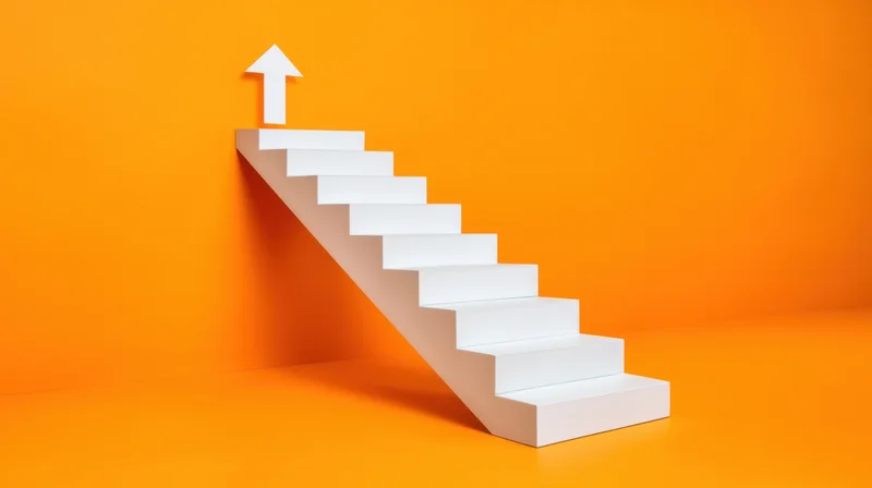 White staircase with arrow pointing upward against orange background