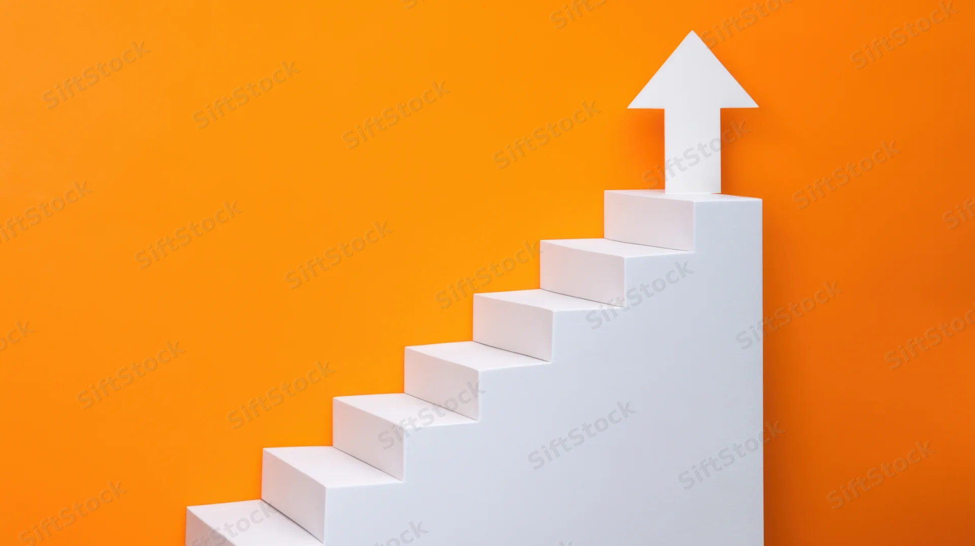 White staircase with arrow pointing up against orange background