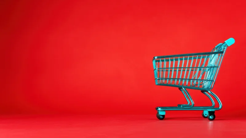 A teal shopping cart on a red background with copyspace for text or logo