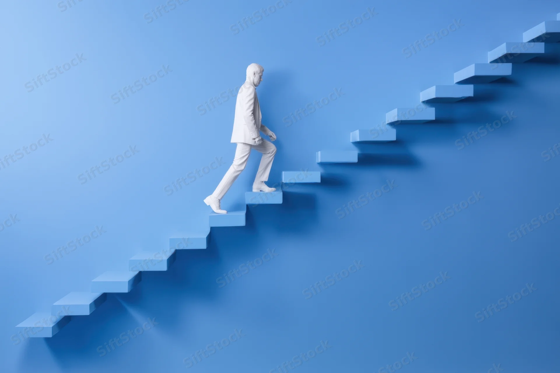 White businessman climbing blue stairs in minimalist setting