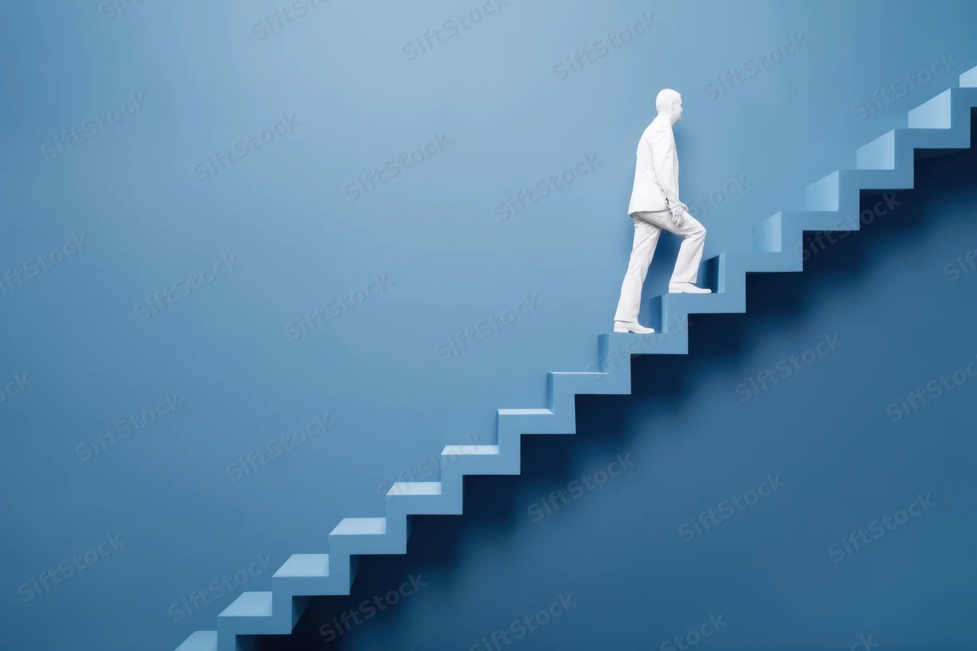 White man in suit climbing blue stairs against plain background
