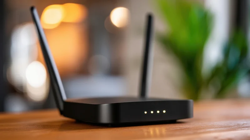 Black wi-fi router with two antennas on wooden table in home setting