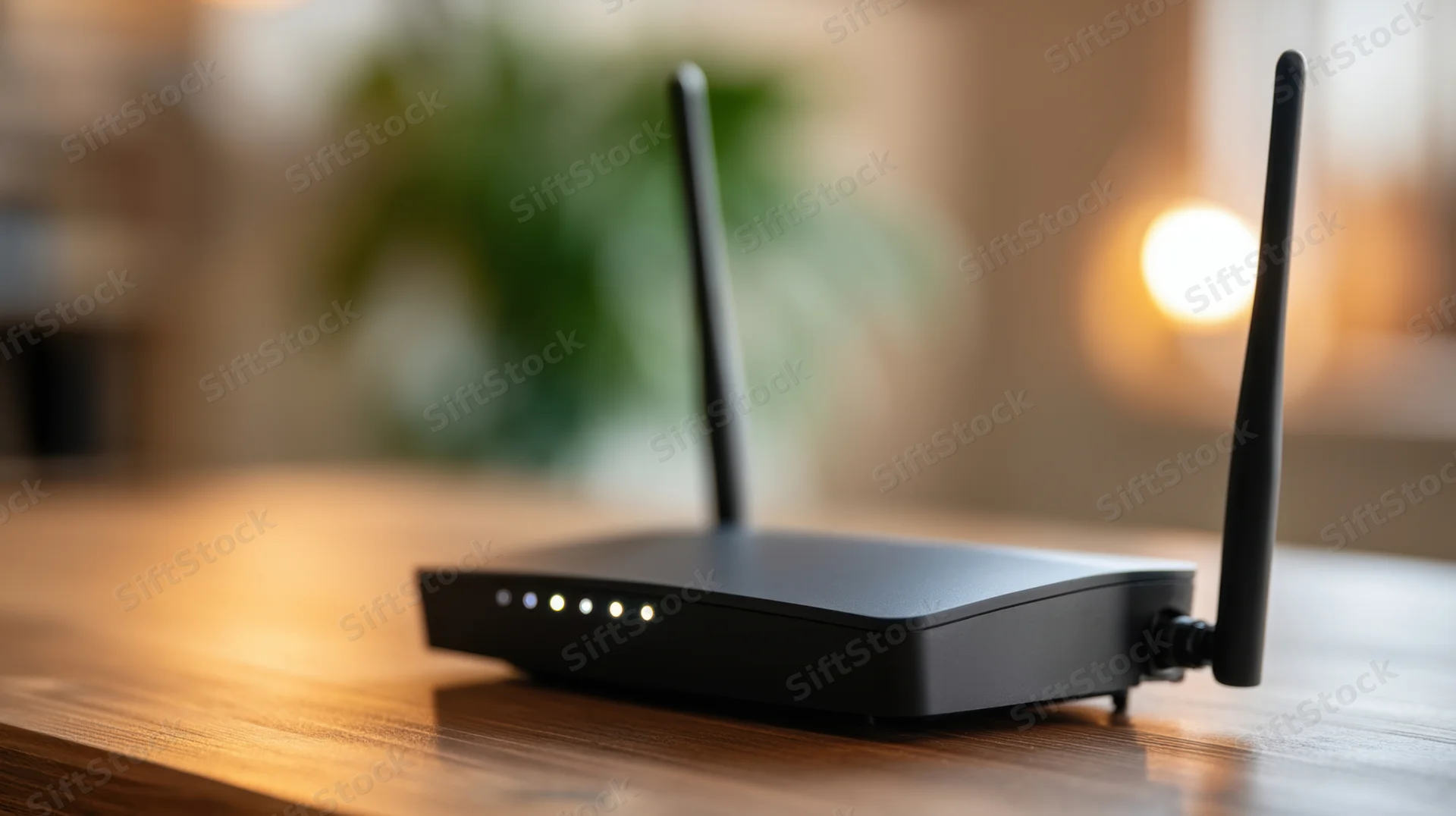 Black wi-fi router with two antennas and led indicators on a wooden table indoors