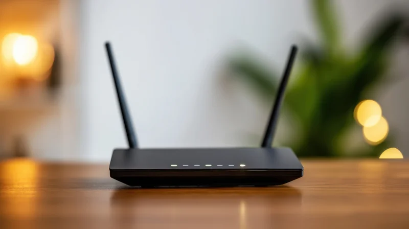 Black wi-fi router with two antennas on wooden table in home setting