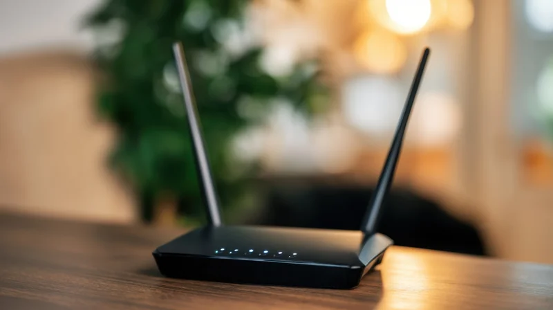 Black wi-fi router with two antennas on wooden table in home setting