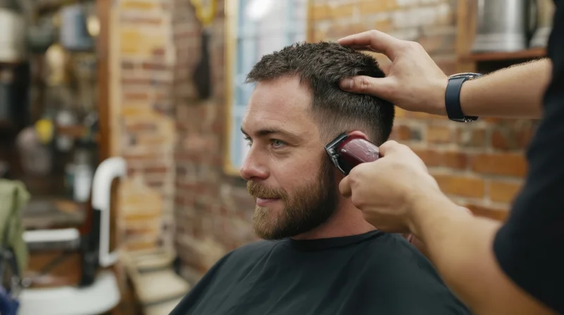 Barber trimming a man's hair with an electric clipper in a brick-walled barbershop