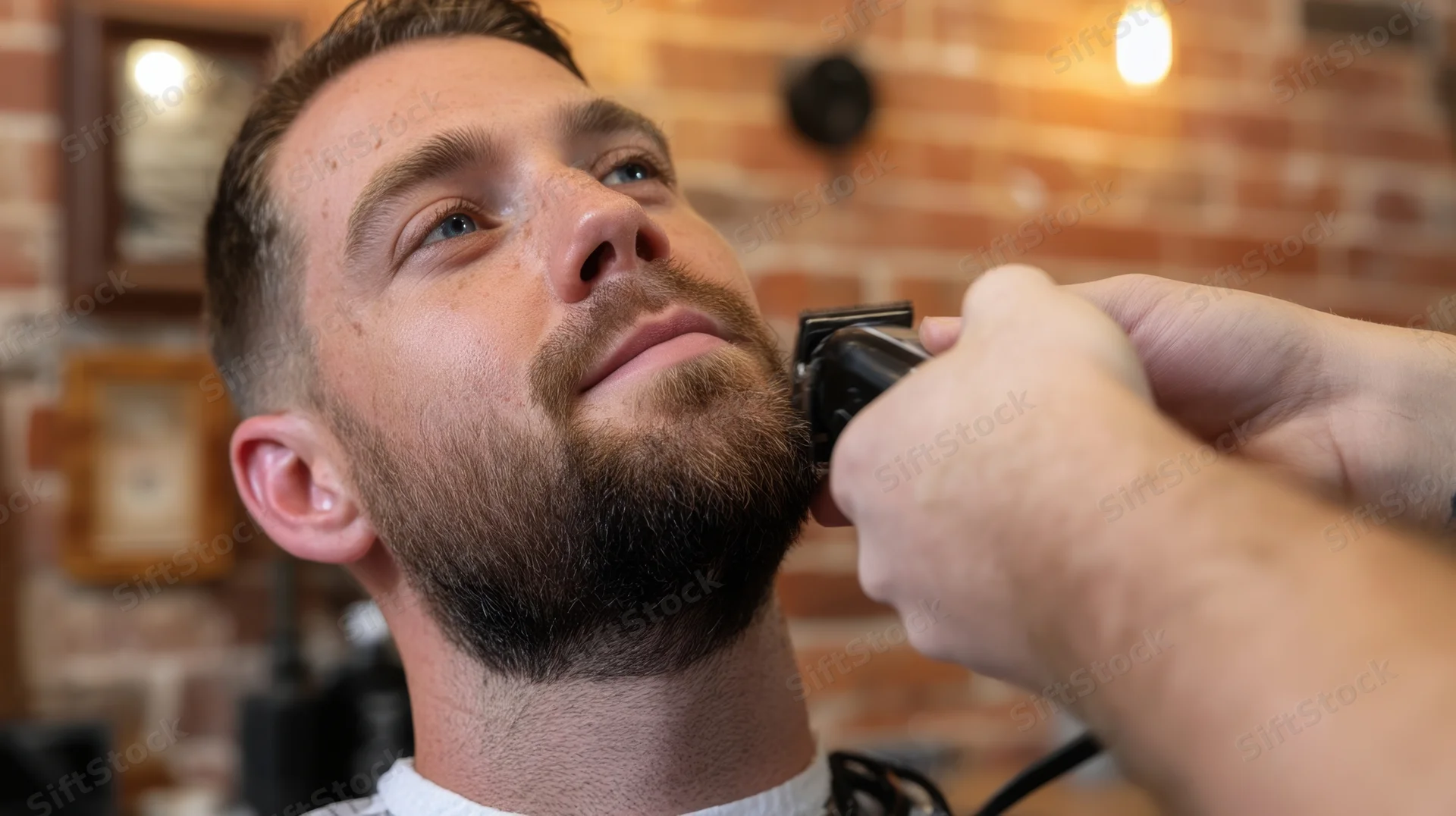 Man receiving beard trim with electric shaver in barbershop