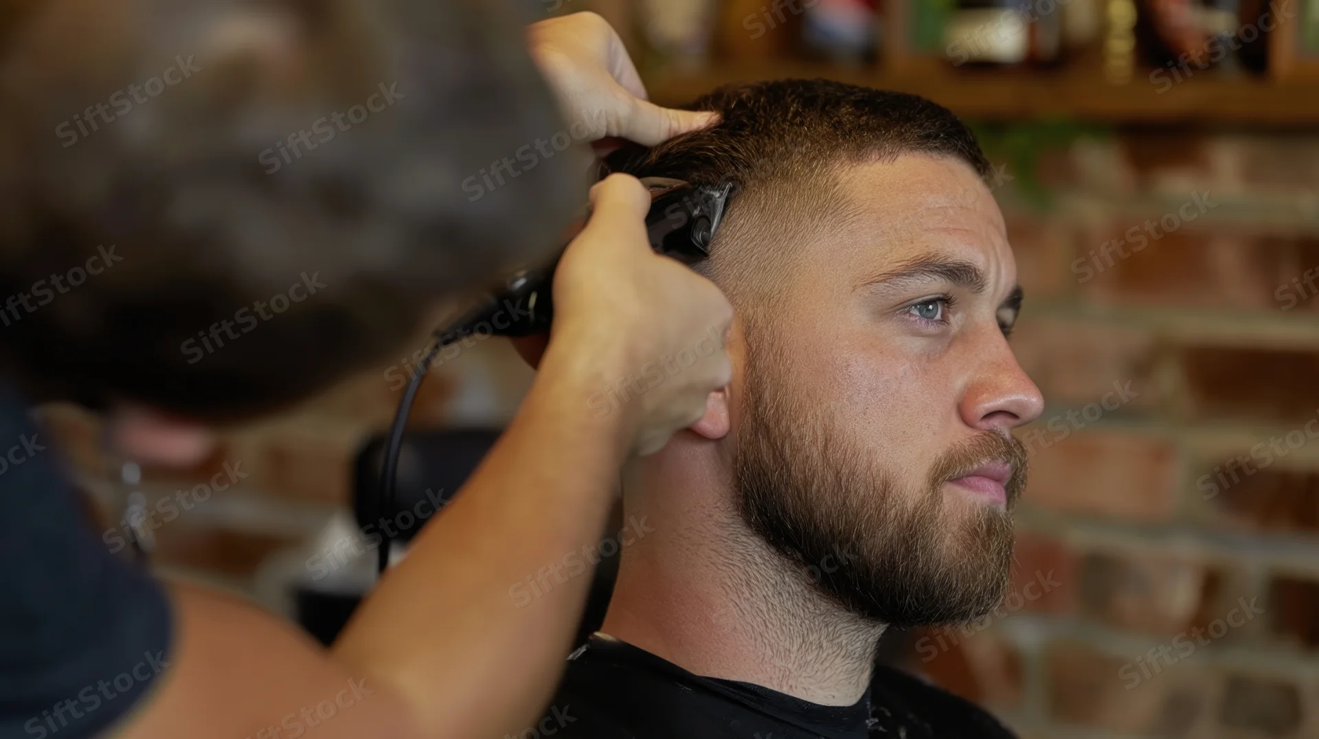 Barber trimming a man's hair with electric clippers in a barbershop