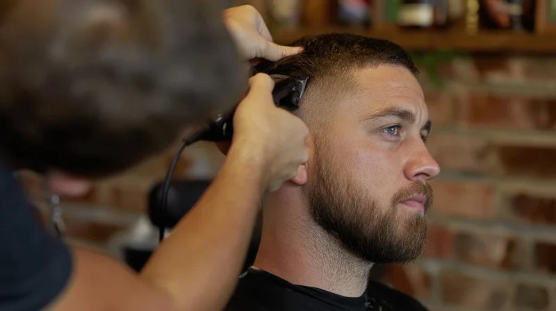 Barber trimming a man's hair with electric clippers in a barbershop
