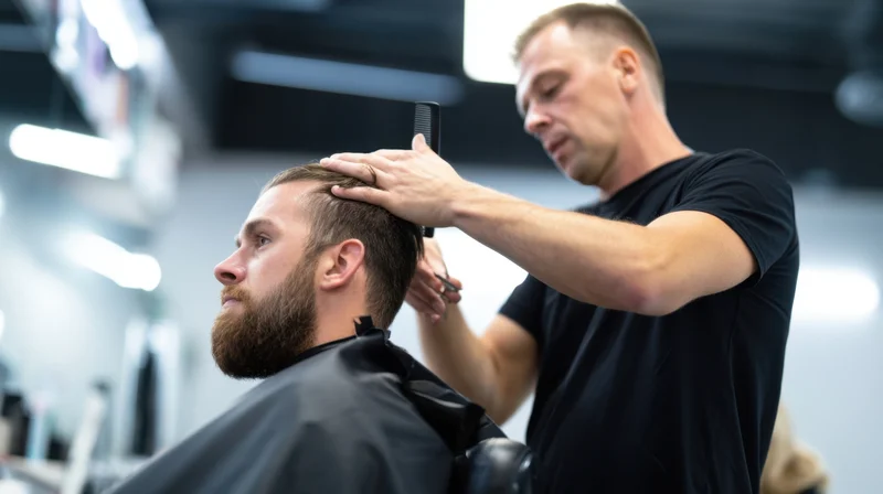 Barber cutting hair of a bearded man in a modern salon chair