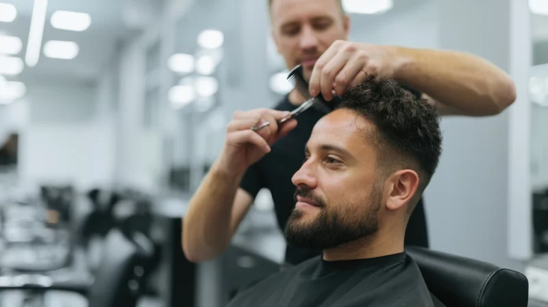 Barber trimming a man's hair with scissors and comb in a modern salon
