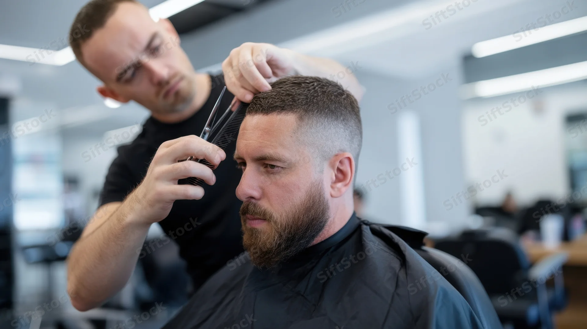 Barber cutting a man's hair with scissors and comb in a modern salon