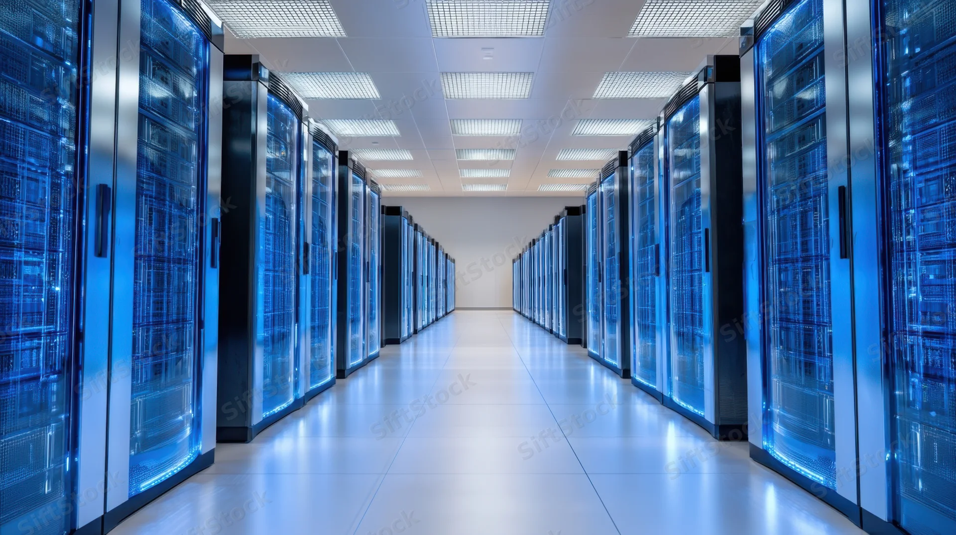 Rows of server racks in a modern datacenter hallway with blue lighting and reflective floor