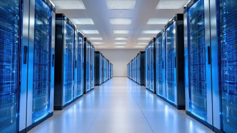 Rows of server racks in a modern datacenter hallway with blue lighting and reflective floor