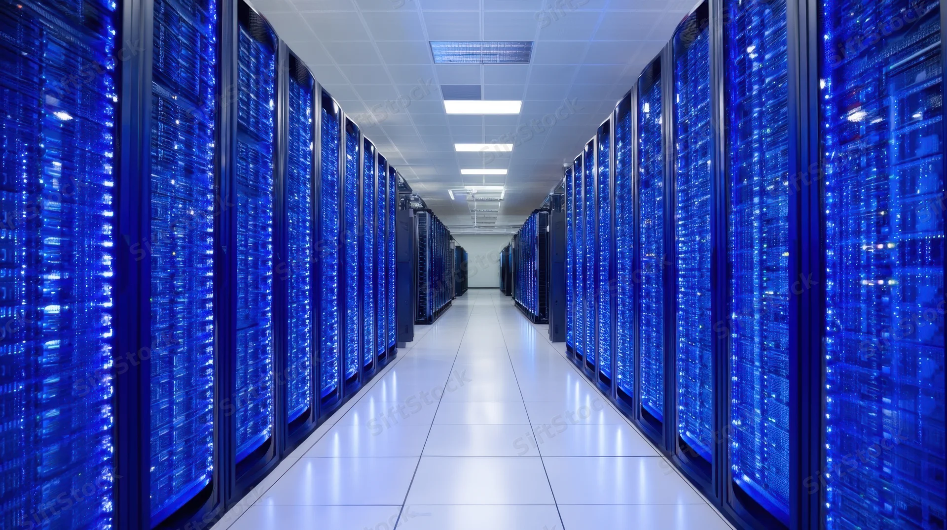 Rows of server racks with blue led lights in a datacenter aisle