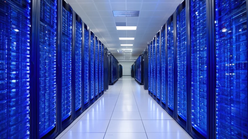 Rows of server racks with blue led lights in a datacenter aisle